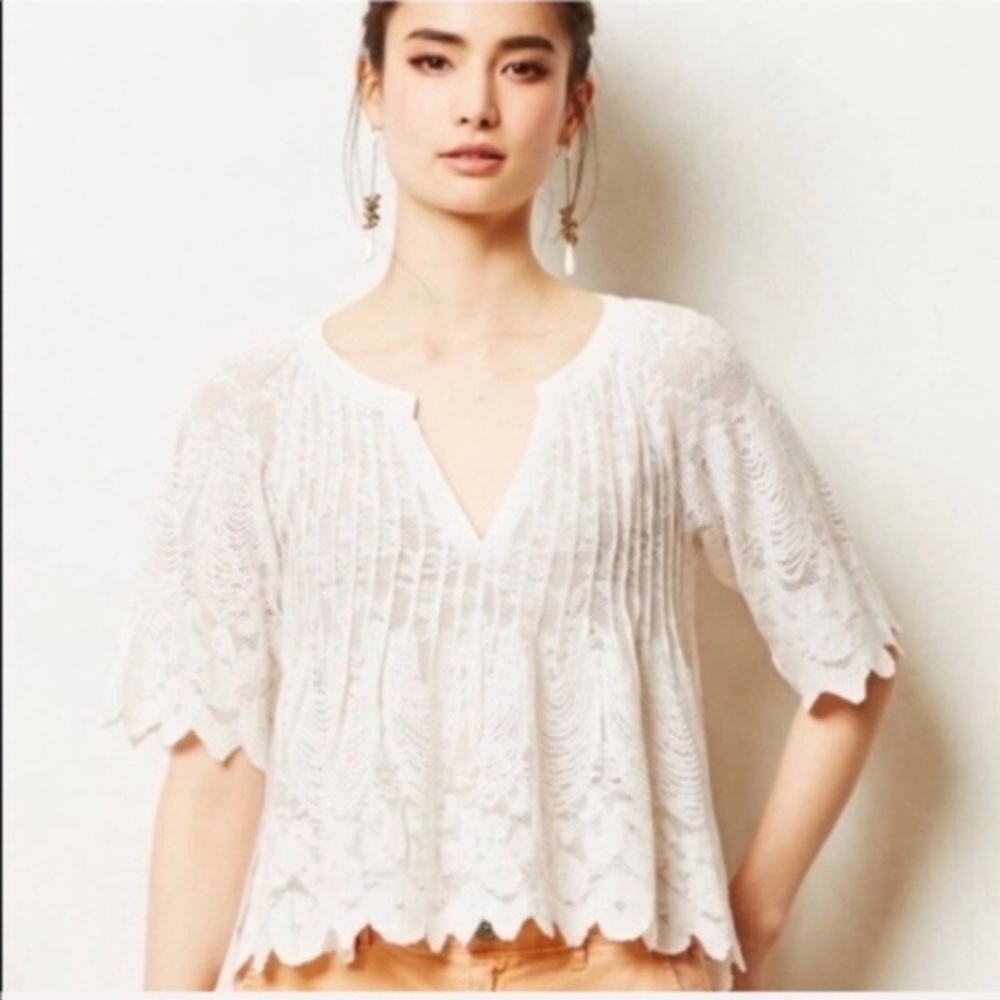 Anthropologie | Meadow Rue Danut White Crochet Stretchy Lace Babydoll Top Size S